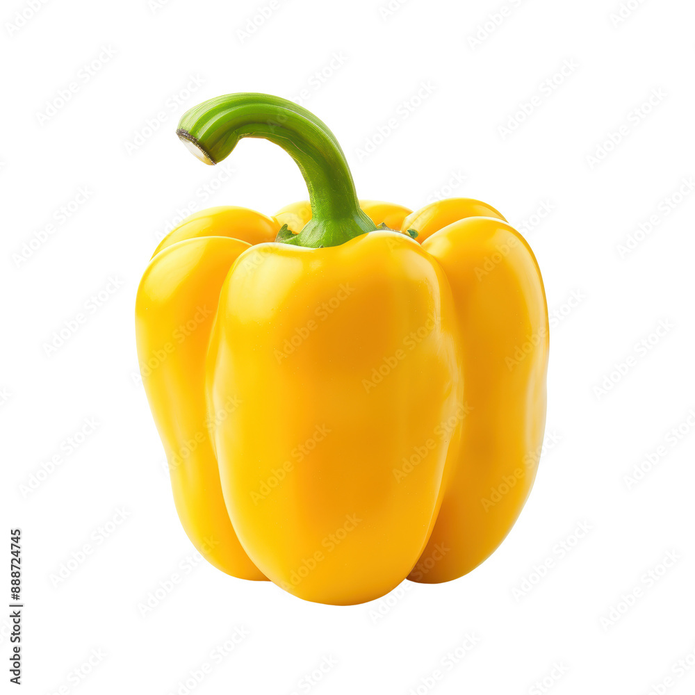 A vibrant yellow bell pepper with a green stem, isolated on a transparent background. The pepper is fresh and glossy, showcasing its healthy and appetizing appearance