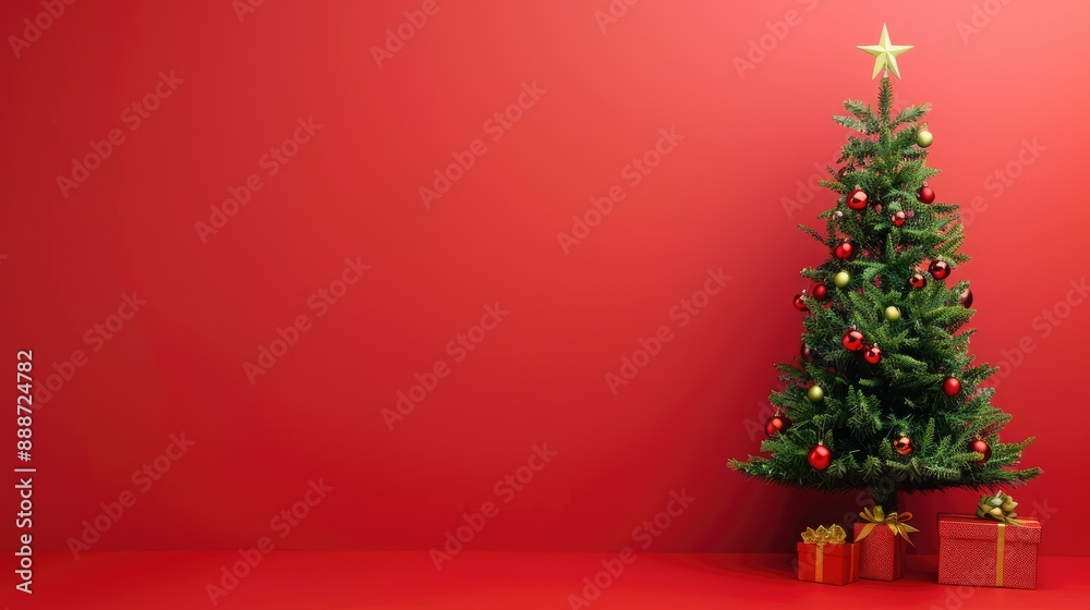 Red and green Christmas tree with ornaments and gifts against red background Red and green Christmas tree with ornaments and gifts against red background