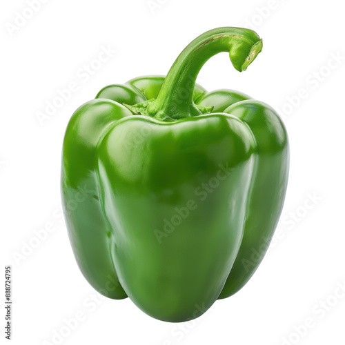 A close-up of a fresh, green bell pepper with a smooth, glossy surface, and a curved stem.