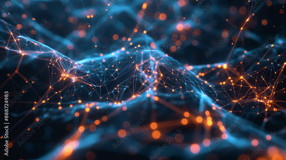Abstract visualization of neural connections with glowing blue and orange nodes. Abstract visualization of neural connections with glowing blue and orange nodes.