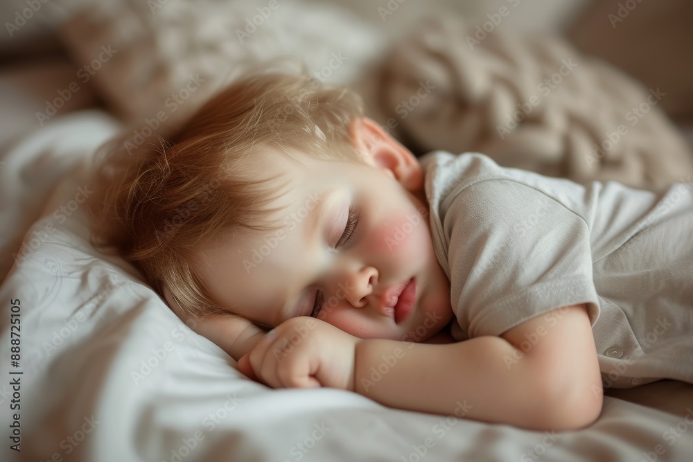 Peacefully sleeping baby boy indoors lying on side in bed napping during daytime with eyes closed Peacefully sleeping baby boy indoors lying on side in bed napping during daytime with eyes closed