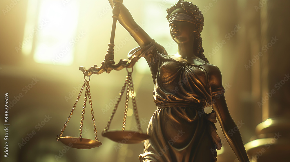 Statue of Lady Justice holding scales with a golden, bokeh-lit background. Statue of Lady Justice holding scales with a golden, bokeh-lit background.