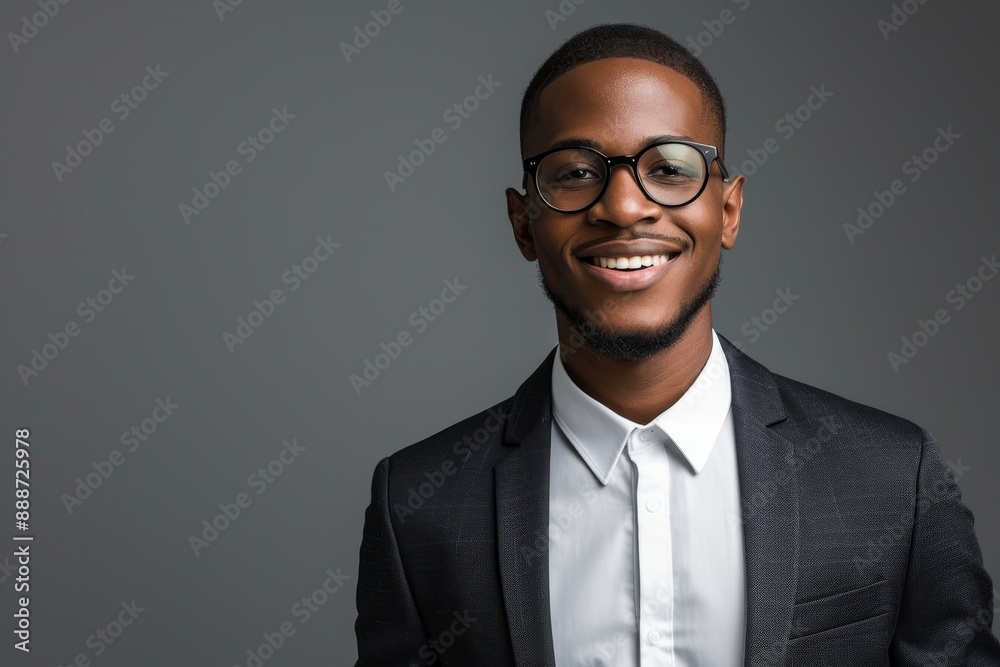 Portrait of a confident African American businessman in a formal suit with eyeglasses smiling and posing for a photo on a grey studio background Portrait of a confident African American businessman in a formal suit with eyeglasses smiling and posing for a photo on a grey studio background