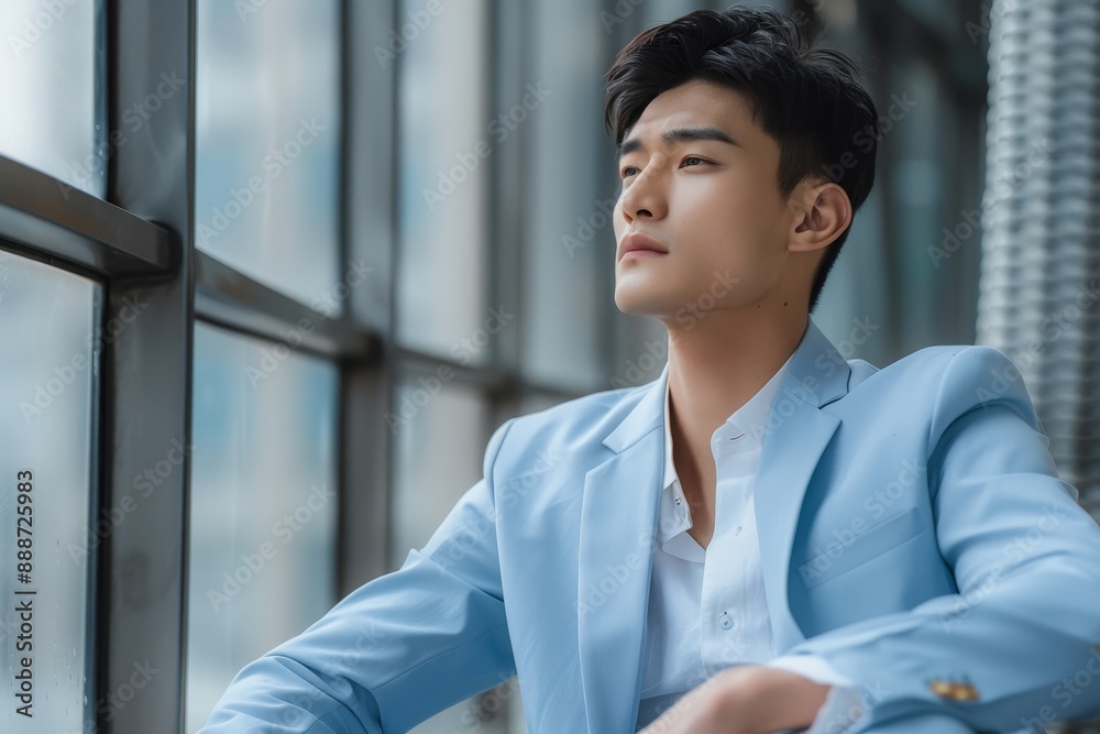 Portrait of a confident Chinese man in a light blue suit sitting with legs crossed looking away on a sunny day Portrait of a confident Chinese man in a light blue suit sitting with legs crossed looking away on a sunny day