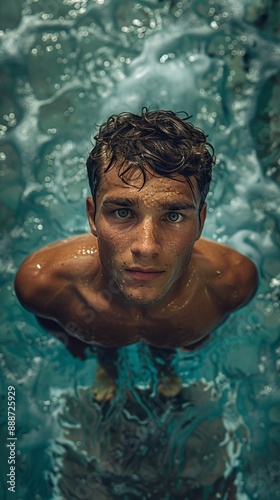 Professional male swimmer standing on the starting block.  © Bargais