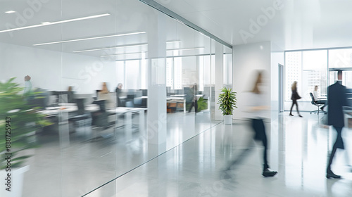 A busy, modern office space with people walking and working.