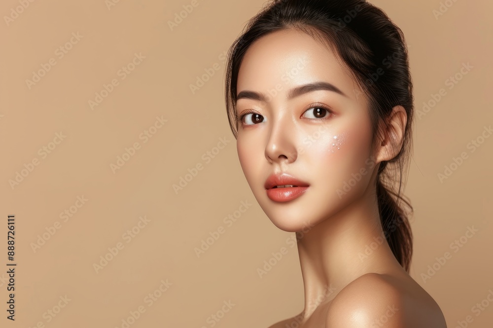 Portrait of a lovely Asian woman with flawless skin on a beige background focusing on face care facial treatment cosmetology beauty and spa Portrait of a lovely Asian woman with flawless skin on a beige background focusing on face care facial treatment cosmetology beauty and spa