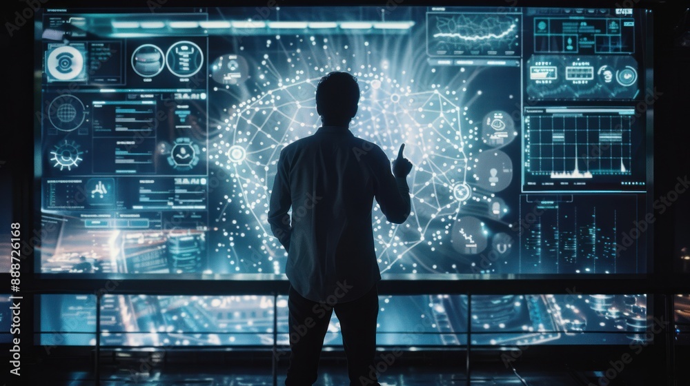Silhouette of a Man Interacting with a Futuristic Interface Silhouette of a Man Interacting with a Futuristic Interface
