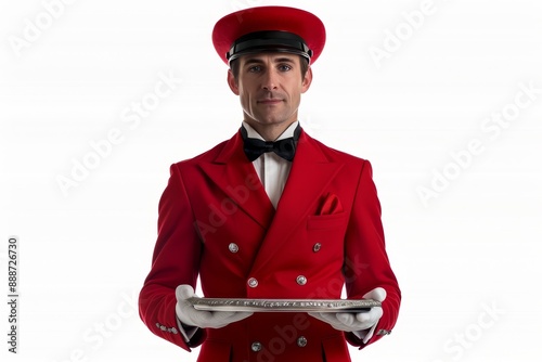Red suited bellboy holding tray isolated on white photo