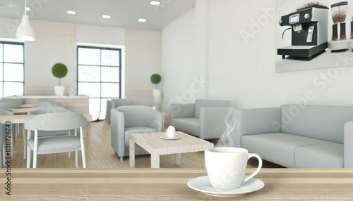 Coffee Cup on Wooden Table in Modern Cafe Interior.