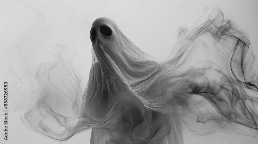 Ghostly figure in a flowing, translucent shroud with a dark background.