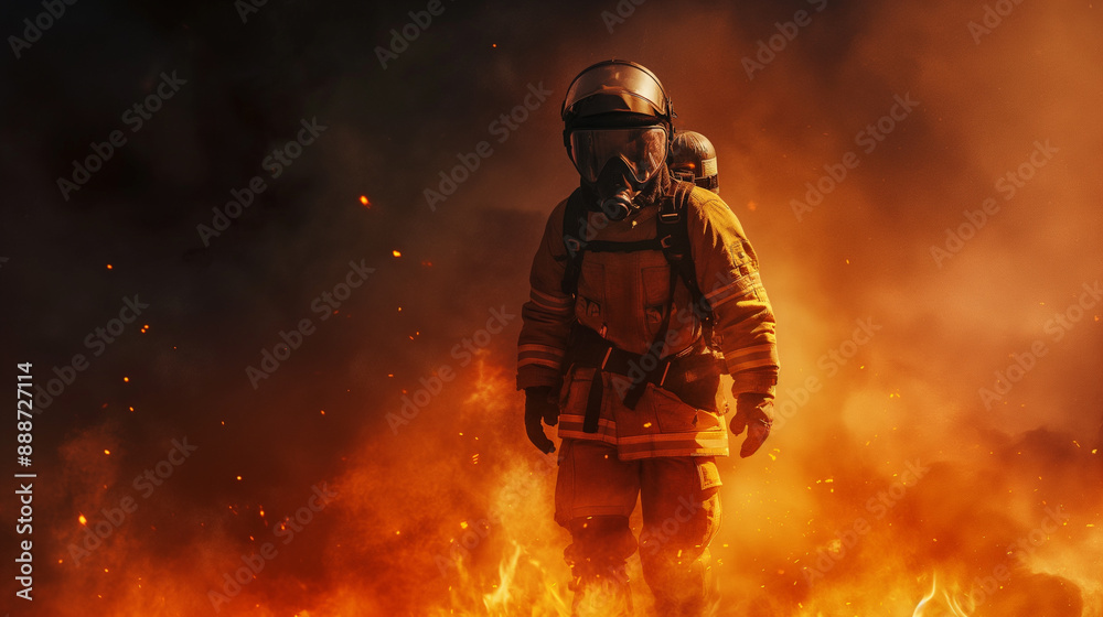 Firefighter in protective gear walking through intense flames and smoke. Firefighter in protective gear walking through intense flames and smoke.