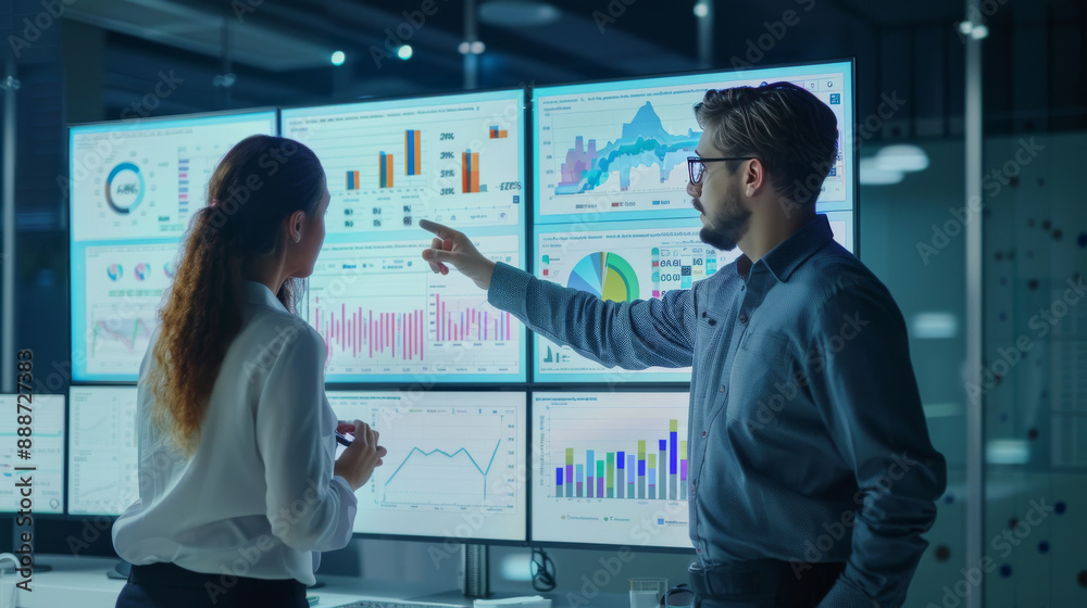 Obraz premium Analysts working with interactive dashboards displaying real-time data, charts, and graphs. Emphasize the role of big data and AI in driving business insights and decision-making. 