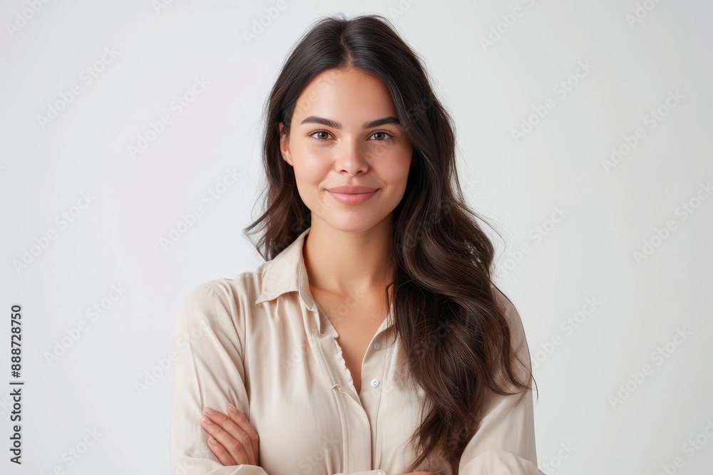 Smiling confident woman stands confidently against white background arms crossed ready and determined looking at camera Smiling confident woman stands confidently against white background arms crossed ready and determined looking at camera