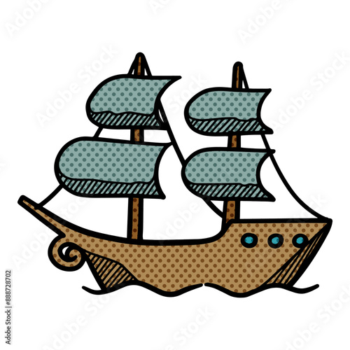 Pirate ship icon es hand drawn halftone color vector illustration
