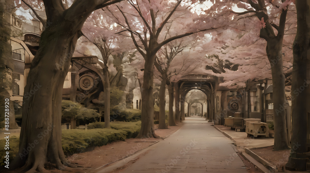 Naklejka premium a walkway that has a clock on it and trees
