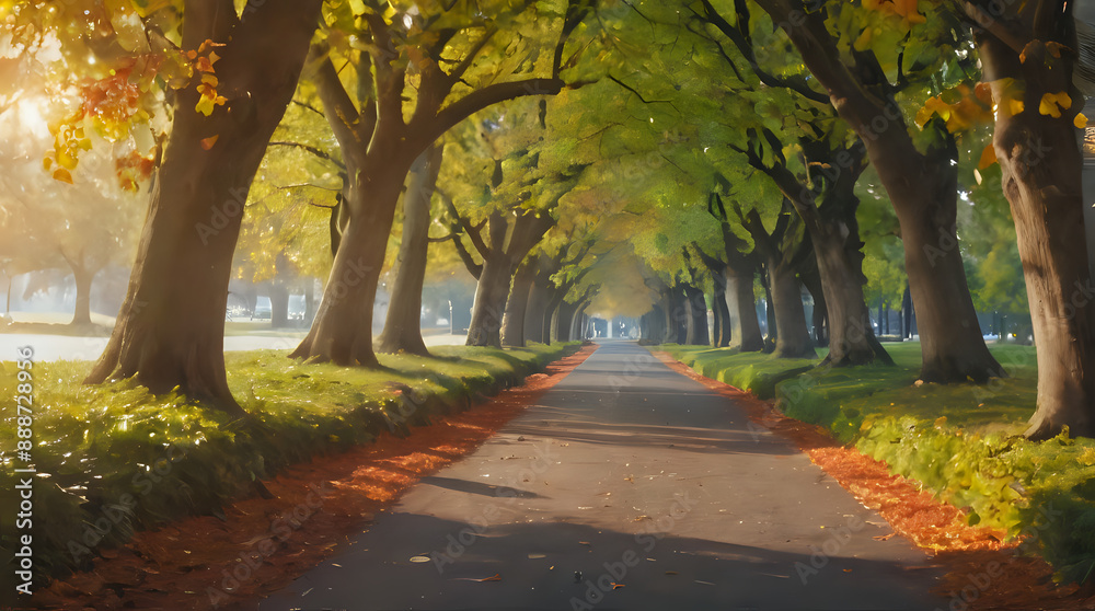 trees lining a path in a park with a bench and a bench trees lining a path in a park with a bench and a bench