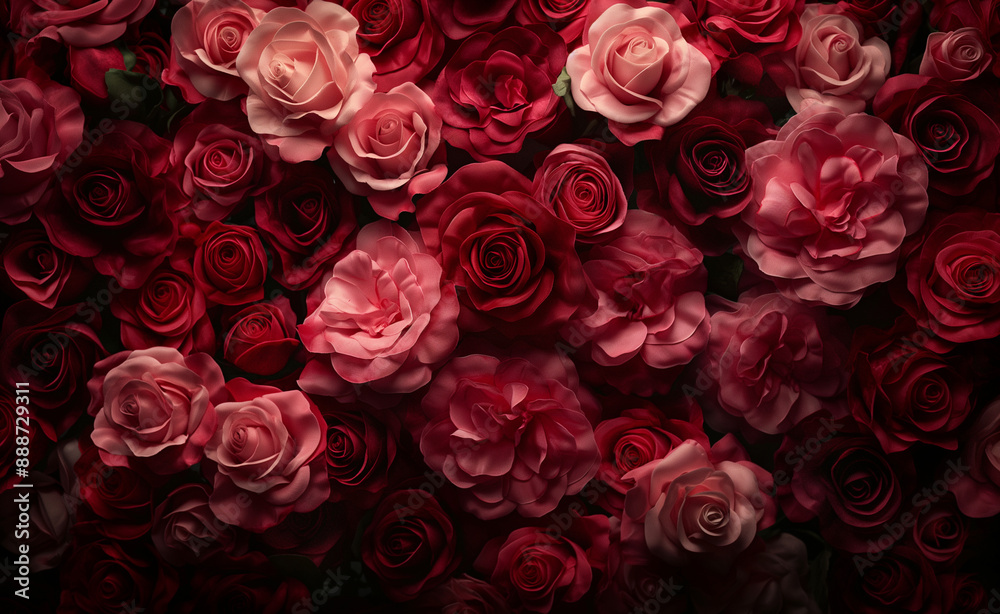 A dense arrangement of red and pink roses in soft lighting. A dense arrangement of red and pink roses in soft lighting.