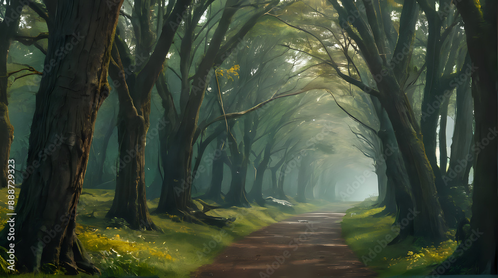 a painting of a path through a forest with trees a painting of a path through a forest with trees