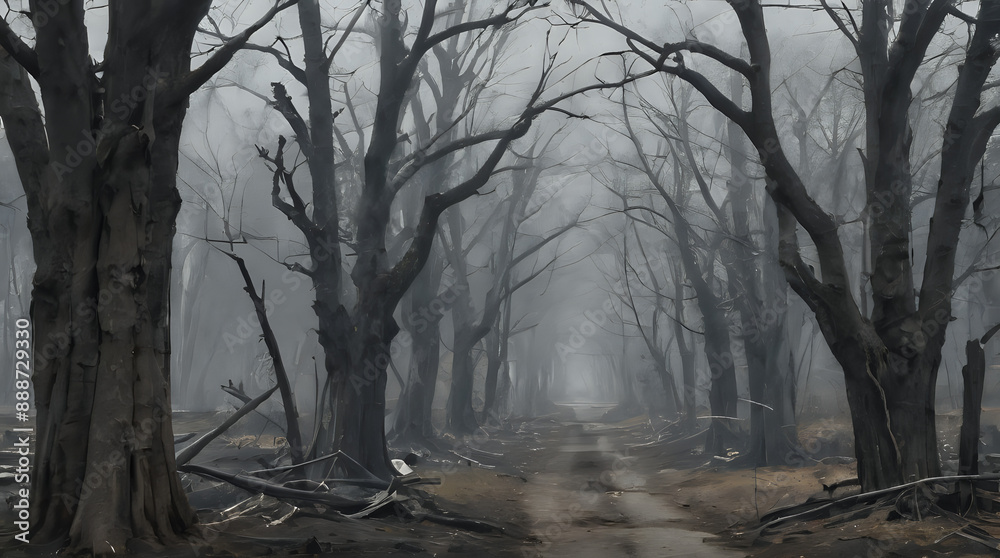 a dirt road that is surrounded by trees in the fog a dirt road that is surrounded by trees in the fog