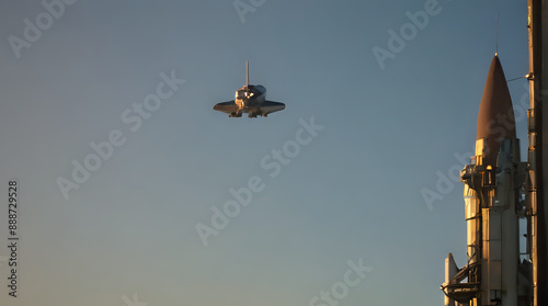 a plane that is flying in the sky with a rocket photo