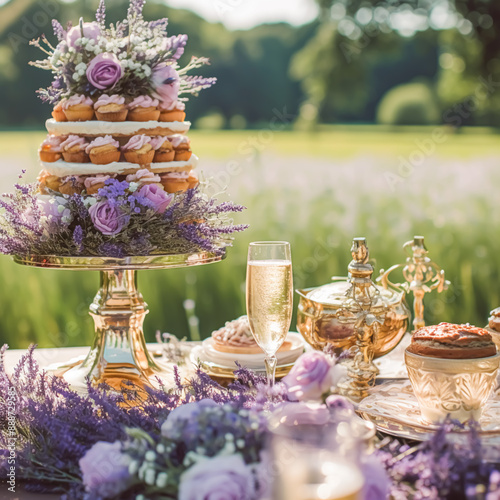 Dessert buffet table, food catering for wedding, party holiday celebration, lavender decor, cakes and desserts in a country garden, post-processed, generative ai