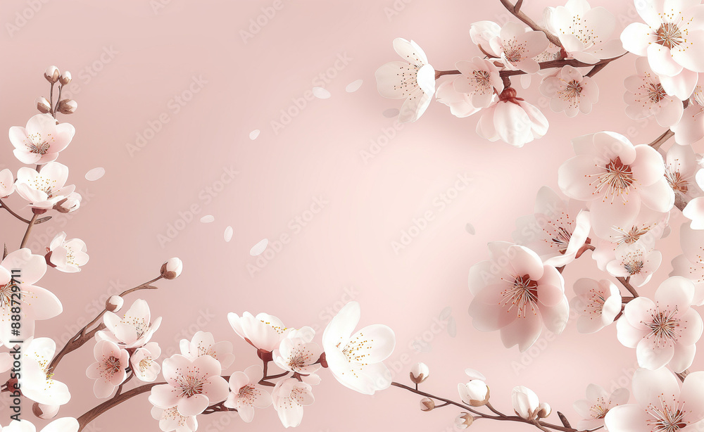 Delicate cherry blossoms on thin branches against a soft pink background. Delicate cherry blossoms on thin branches against a soft pink background.