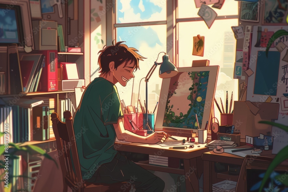 A person smiles while painting a picture, their workspace filled with art supplies, cozy vibe, Generative AI A person smiles while painting a picture, their workspace filled with art supplies, cozy vibe, Generative AI