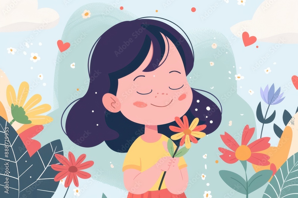 Cute girl with flowers enjoying nature, cartoon illustration of happy childhood and tranquility in a blooming garden. Cute girl with flowers enjoying nature, cartoon illustration of happy childhood and tranquility in a blooming garden.
