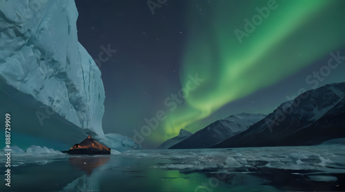 a boat in the water with a green aurora behind it photo