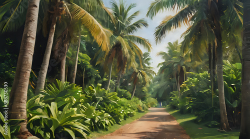 a painting of a dirt road surrounded by palm trees