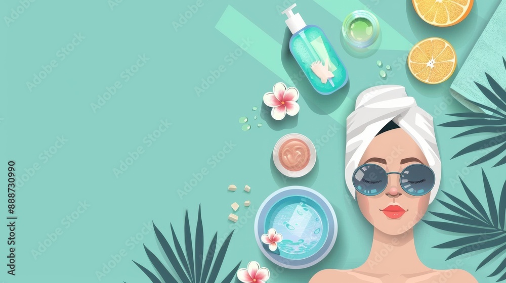 Fototapeta premium Relaxing spa scene with a woman in sunglasses, skincare products, and tropical leaves on a light blue background.