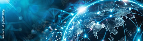 Futuristic Holographic Globe Showing Expanding Business Networks in Blue and White 3D - Global Interconnected World Market