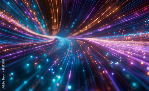 Abstract image of colorful light streaks and particles, creating a sense of speed and motion.