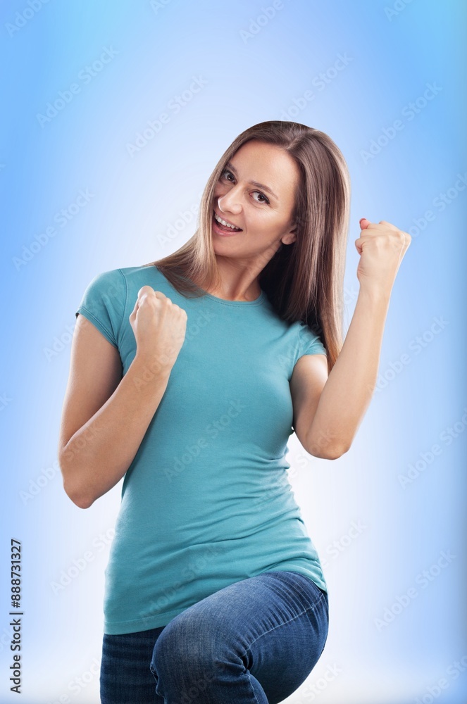 Excited person looking at smartphone, happy customer Excited person looking at smartphone, happy customer