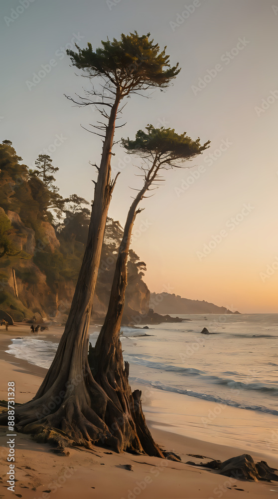Fototapeta premium trees on the beach with a sunset in the background