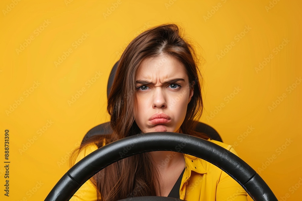 Unhappy woman isolated on yellow background looking worried at steering wheel Unhappy woman isolated on yellow background looking worried at steering wheel