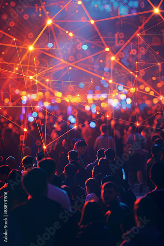 Social media effect, big data visualization, global communication, and social networking in a crowd of people connected by strings of light