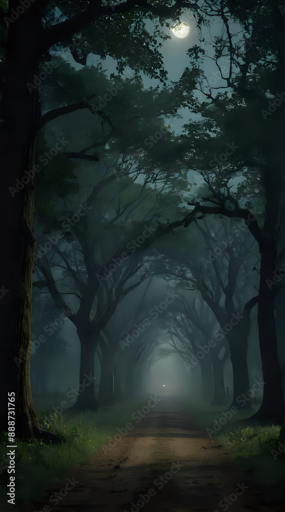 Fototapeta premium a dark forest with a path leading to a light