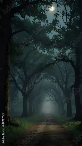 a dark forest with a path leading to a light