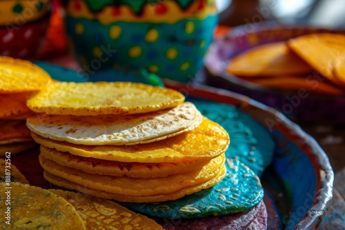 Vibrant Mexican cuisine showcased on a tortillero featuring corn tortillas photo