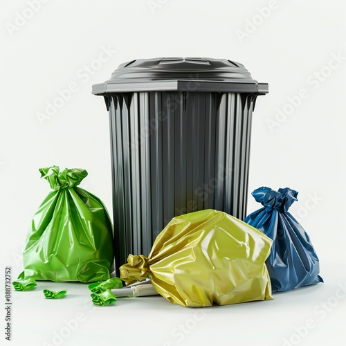 Black trash can with green yellow and blue garbage bags photo