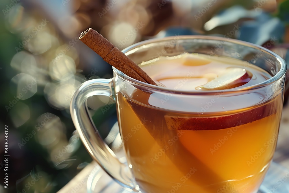 A warm mug of apple cider with cinnamon stick.