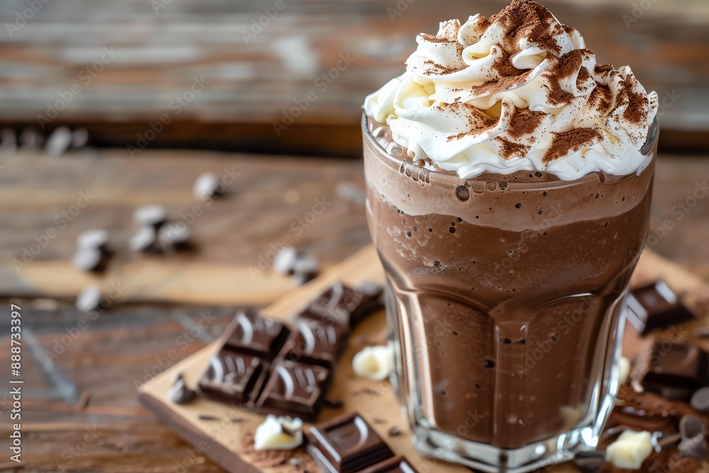 Close-up of a chocolate milkshake with whipped cream and chocolate shavings. Close-up of a chocolate milkshake with whipped cream and chocolate shavings.