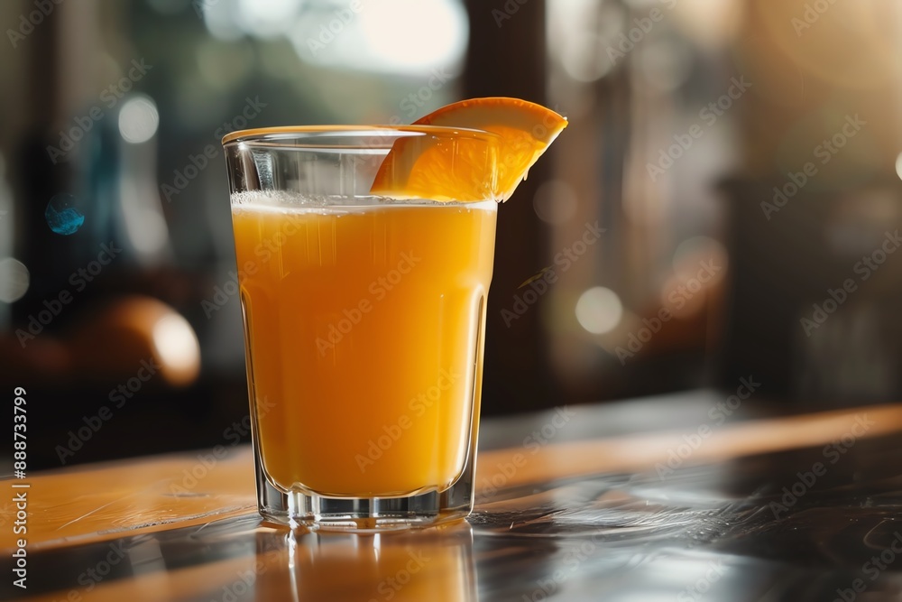 Glass of orange juice with an orange slice garnish on a bar counter. Glass of orange juice with an orange slice garnish on a bar counter.
