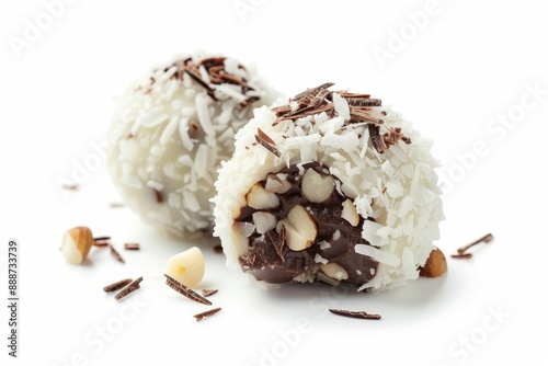 White and dark chocolate ball candies with filling nuts and coconut shavings on a white background