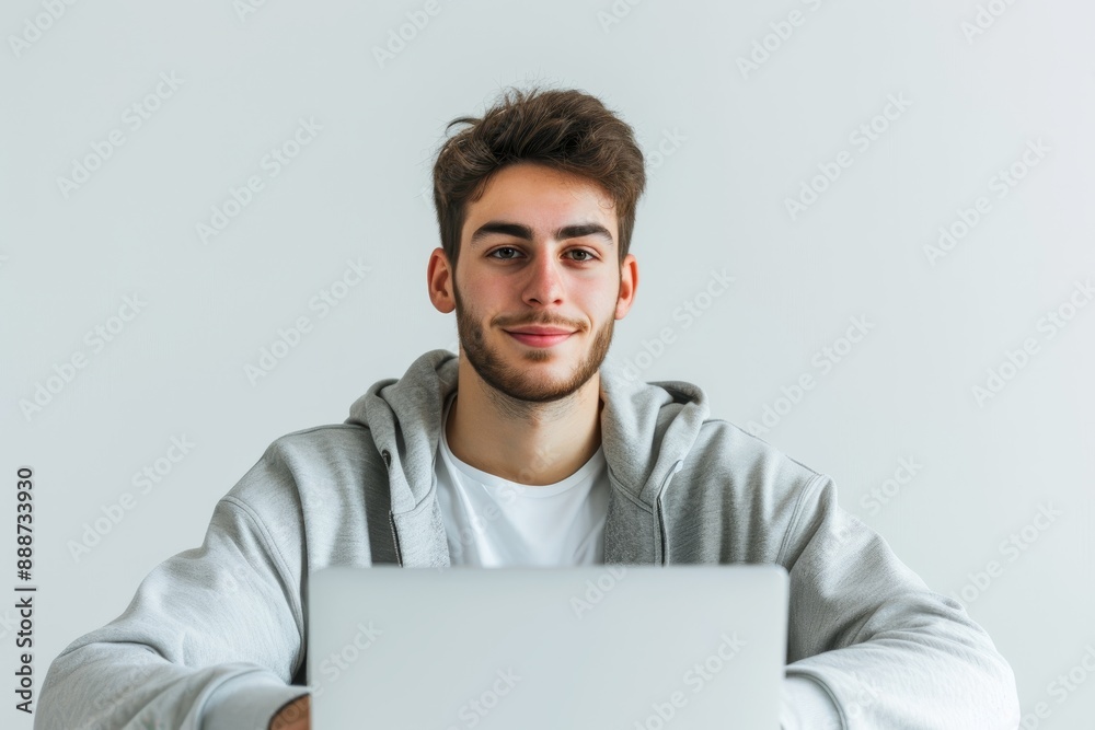 White background Freelance Caucasian student using laptop for remote work and e learning White background Freelance Caucasian student using laptop for remote work and e learning