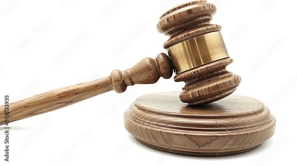 a judge's gavel resting on a sound block, detailed wood texture visible, isolated on white.