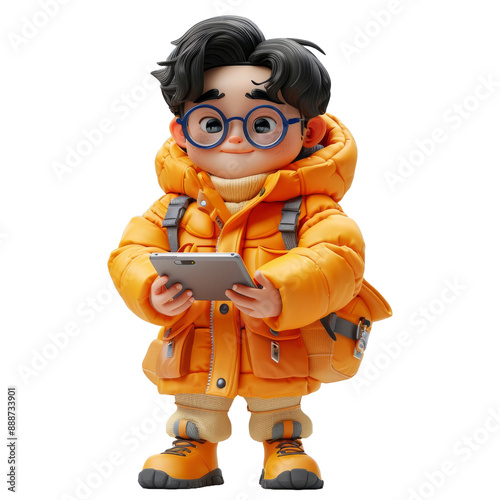 3D Rendering of Cartoon Style Male Child Character Interacting with a Tablet Device in Yellow Orange Outfit