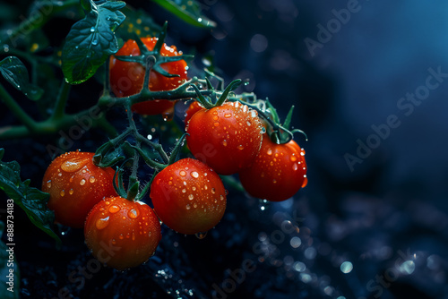 Cherry tomatoesn branch with water drops on dark background photo